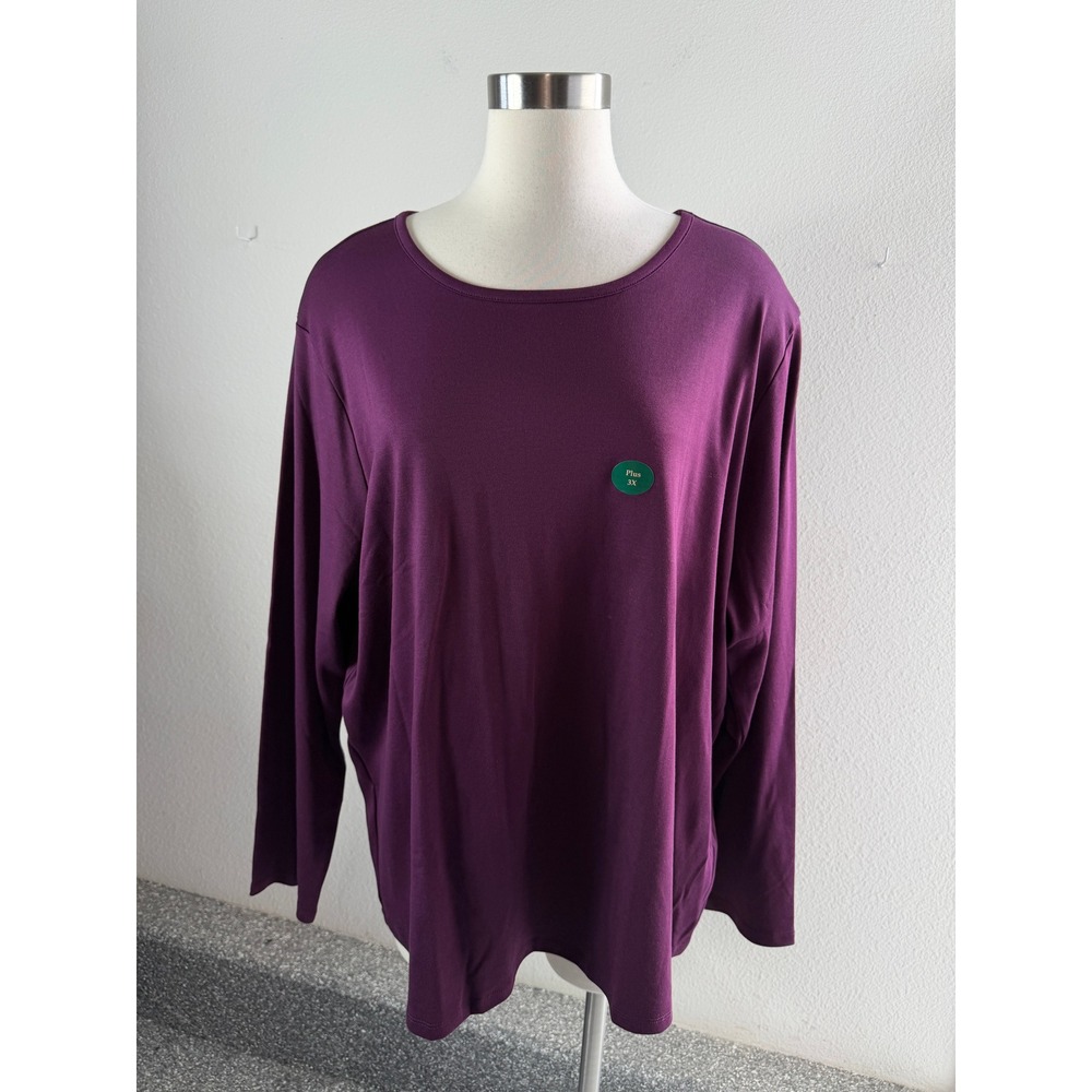 NEW LL Bean Womens Plus 3X 100% Supima Cotton Long Sleeve Top Purple Crew Neck